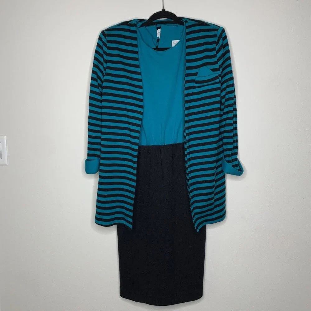 Stuart Alan Petites Sweater Dress Womans 12 Teal Black Stripe No Sleeve w/Jacket - Picture 2 of 16